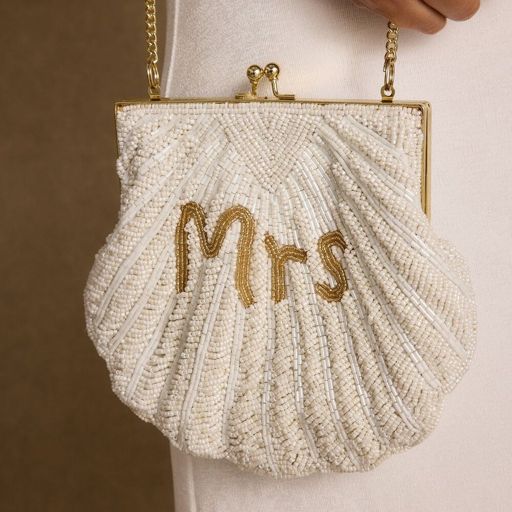 12th Tribe Ivory Beaded Mrs Shell Clutch with Gold Accents